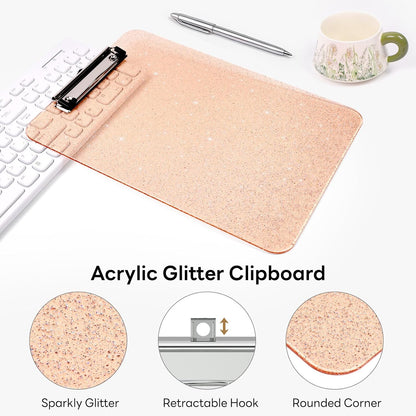 A4 Plastic Glitter Clipboard, Sparkly Pink 12.5 x 9 Letter Size for Classroom, Students, Teacher, Nurse, 8.5 x 11 Clip Board with Low Profile Clip, Office & School Supplies
