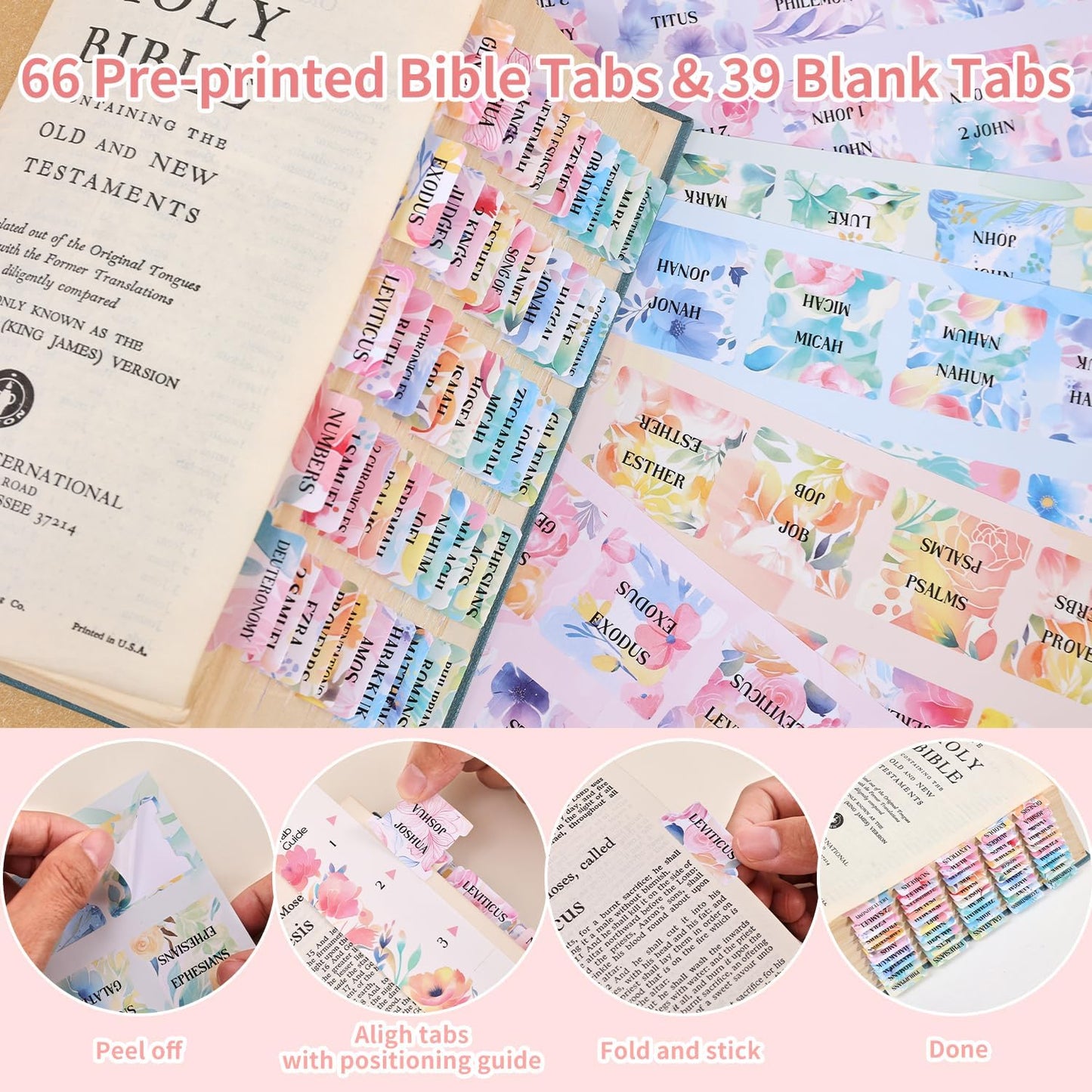 Laminated Bible Tabs, Gold Foil Embossed Lettering Bible Chapter Index Tabs for Women Men, Reposition Large Print Sticky Labels, Easy to Read and Apply, 105Chapters Labels for Easy Navigation (Black)