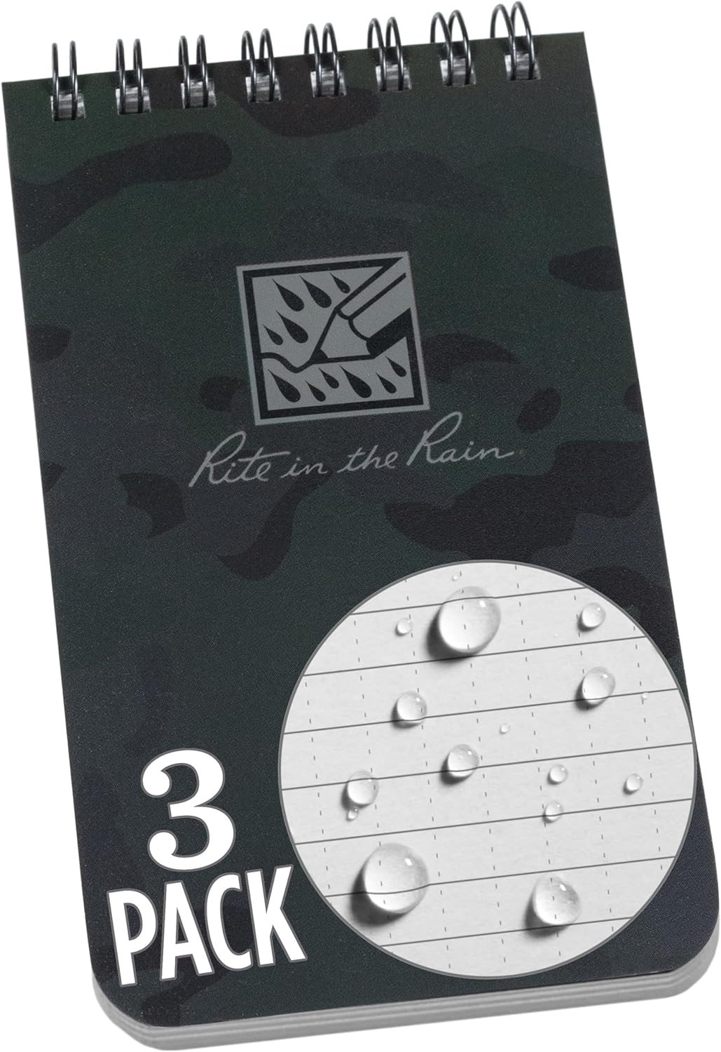 Rite in the Rain Weatherproof Top Spiral Notebook, 3" x 5", Black Cover, Universal Pattern, 3 Pack (No. 735-3X)