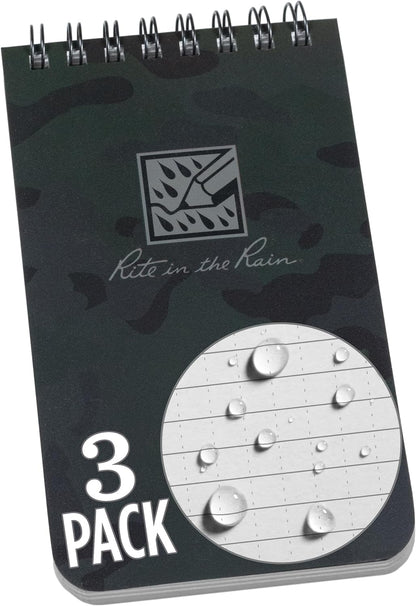 Rite in the Rain Weatherproof Top Spiral Notebook, 3" x 5", Black Cover, Universal Pattern, 3 Pack (No. 735-3X)