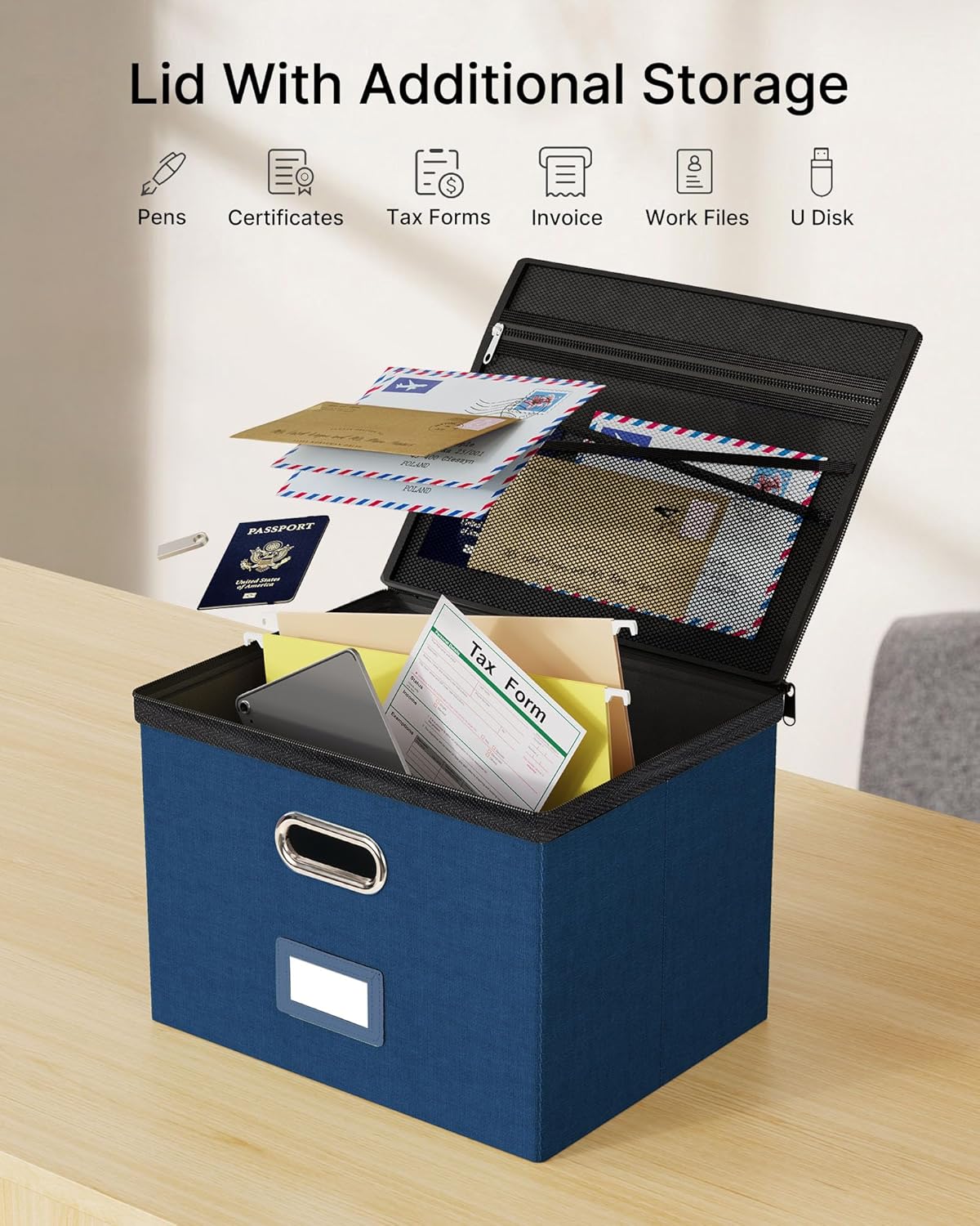 Oterri 2 Pack File Organizer Boxes with Lids, File Box with Mesh Pockets, Document Organizer Box for File Folders Letter Size, Zippers Filing Box for Home, Office, School (Green, Without Folders)