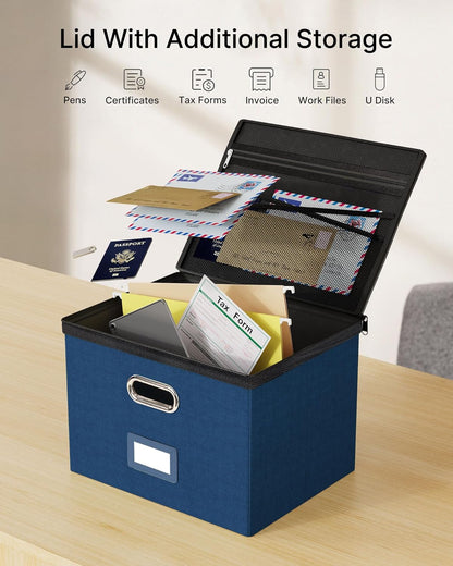 Oterri 2 Pack File Organizer Boxes with Lids, File Box with Mesh Pockets, Document Organizer Box for File Folders Letter Size, Zippers Filing Box for Home, Office, School (Green, Without Folders)