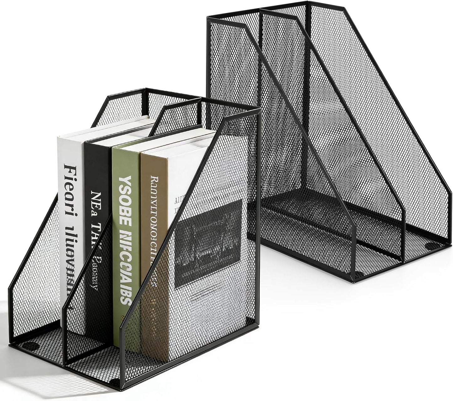 Carperipher Metal Mesh Magazine File Holder, 2 Pcs Desk Document Organizer, 2 Compartments Desk Organizers, Mesh Desktop Organizer and Storage, Black