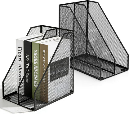 Carperipher Metal Mesh Magazine File Holder, 2 Pcs Desk Document Organizer, 2 Compartments Desk Organizers, Mesh Desktop Organizer and Storage, Black