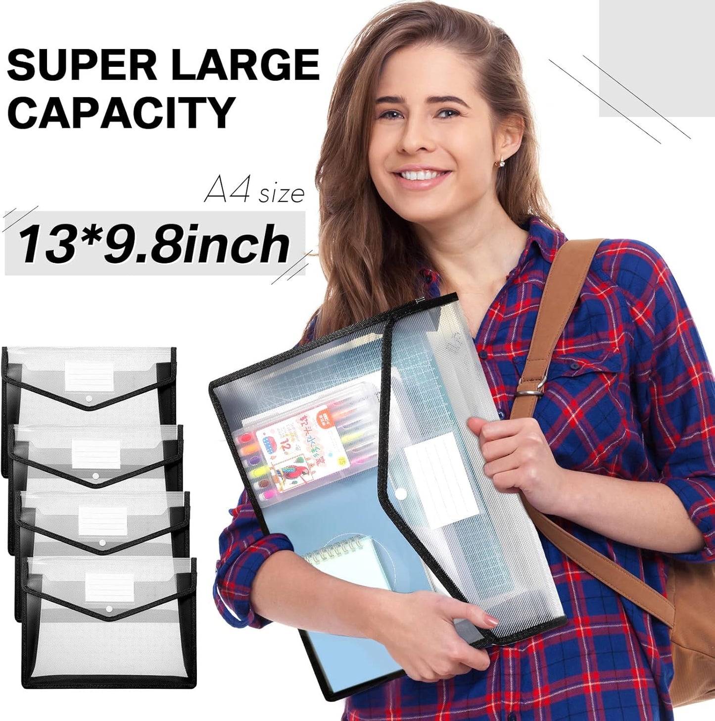 10 Pieces Plastic File Folders Envelope Expanding File Wallet Organizer Documents Folder with Snap Closure and Pocket, A4 Size Waterproof Transparent Pouch(White,Horizontal)