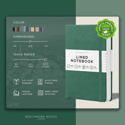 BEECHMORE BOOKS Large Lined Journal Notebook, 8.5" x 11.5" (A4) Hardcover Vegan Leather Executive Diary for Work, Thick 120gsm Paper, Lay-Flat Binding, Gift Box
