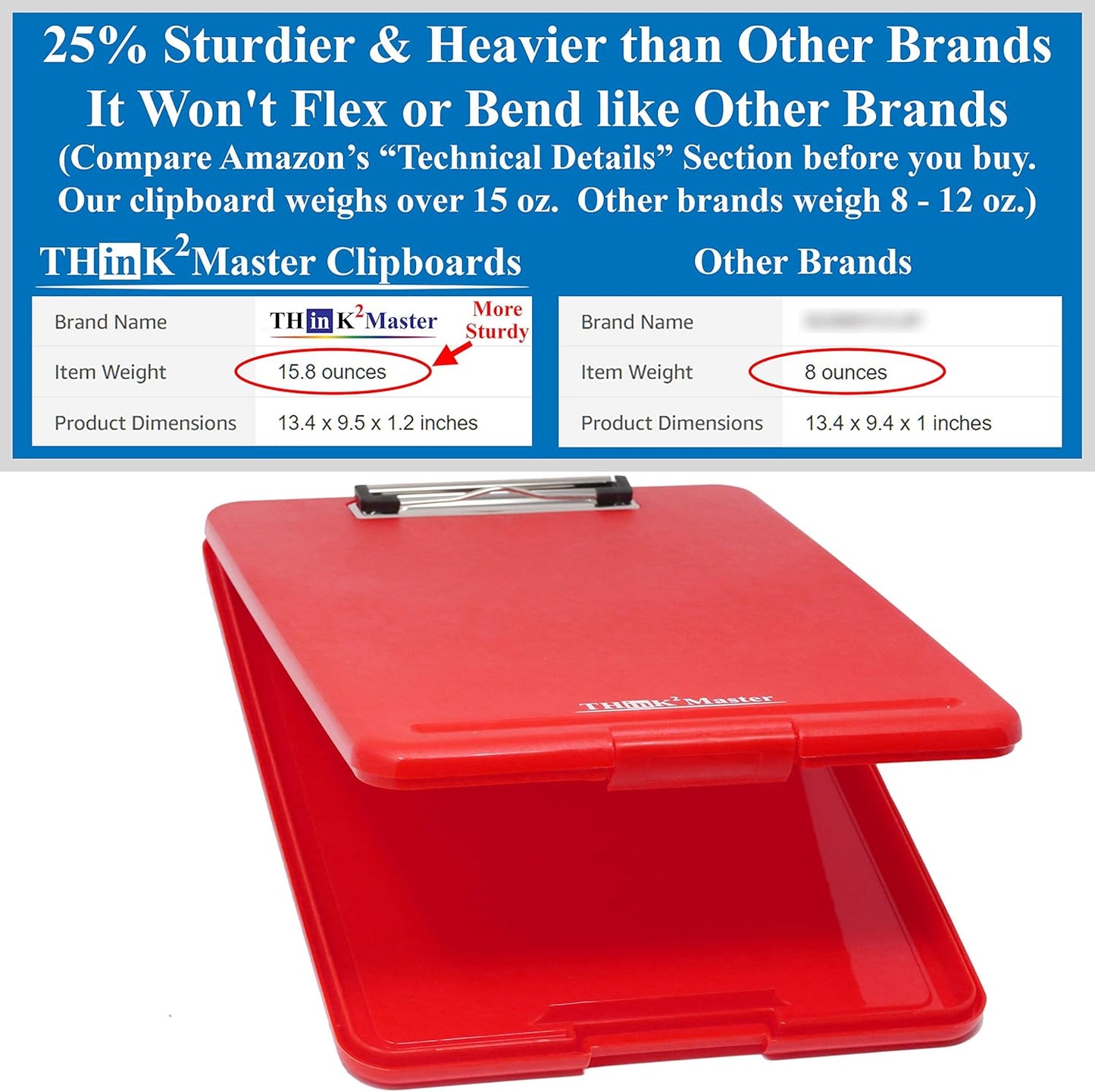 Think2Master Black Plastic Storage Clipboard. | 25% Heavier & 25% Sturdier| Heavy Duty and Won’t Flex or Bend Like Other Brands (Compare The Weight). Storage Compartment Holds 150 Letter Sized Paper.