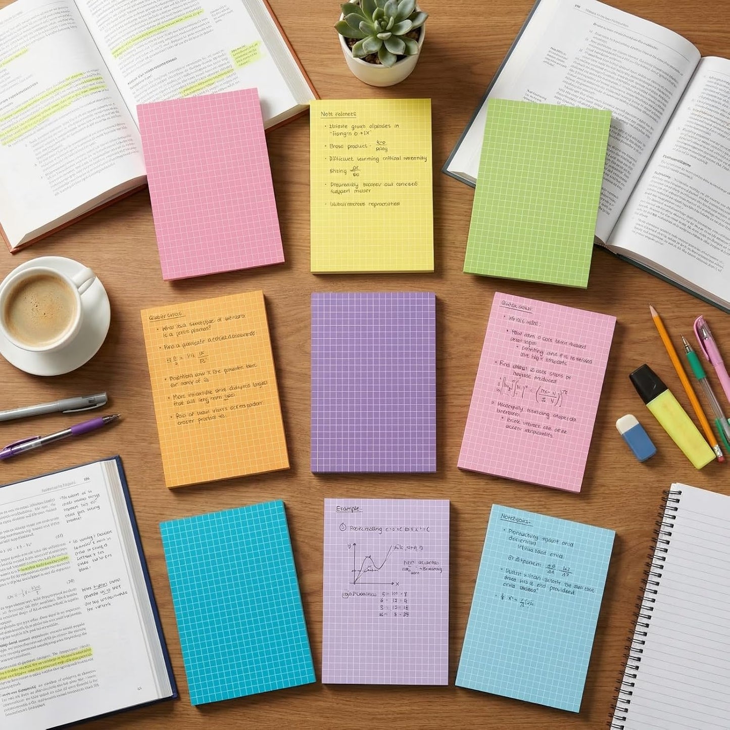 Jecery 9 Pack 4 x 6 Inch Grid Sticky Notes Self Adhesive Memo Pad Cute Graph Paper Self Stick Note Pads with Grid Lines for Gifts Office Supplies, 270 Sheets(Soft Colors)