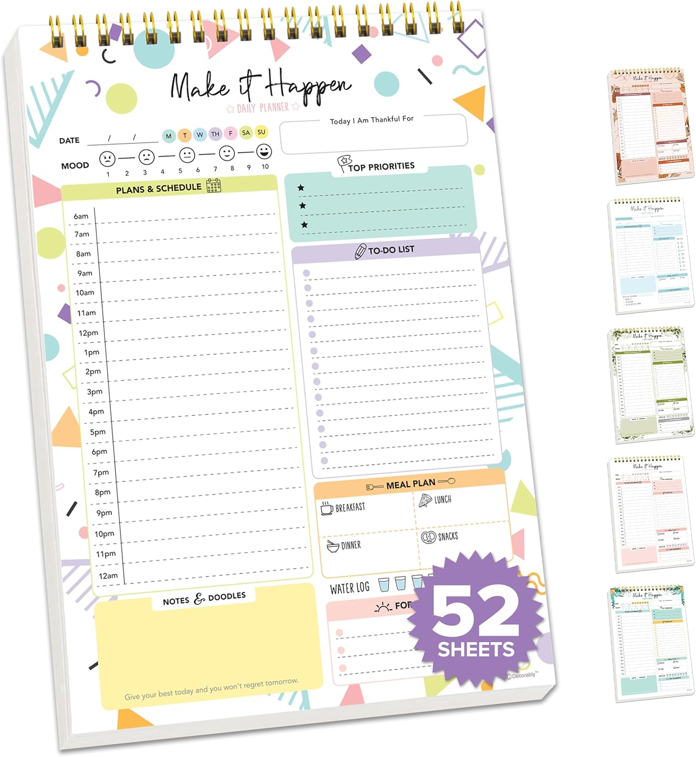 Decorably 52 Sheets Boho Celestial Undated Daily to Do List Notepad - 6.5x10" Spring-Bound Planner, Easy Tear-Off, for Schedule, Priorities, Agenda, Water Intake, Meals, Notes & Doodles - Home, Office