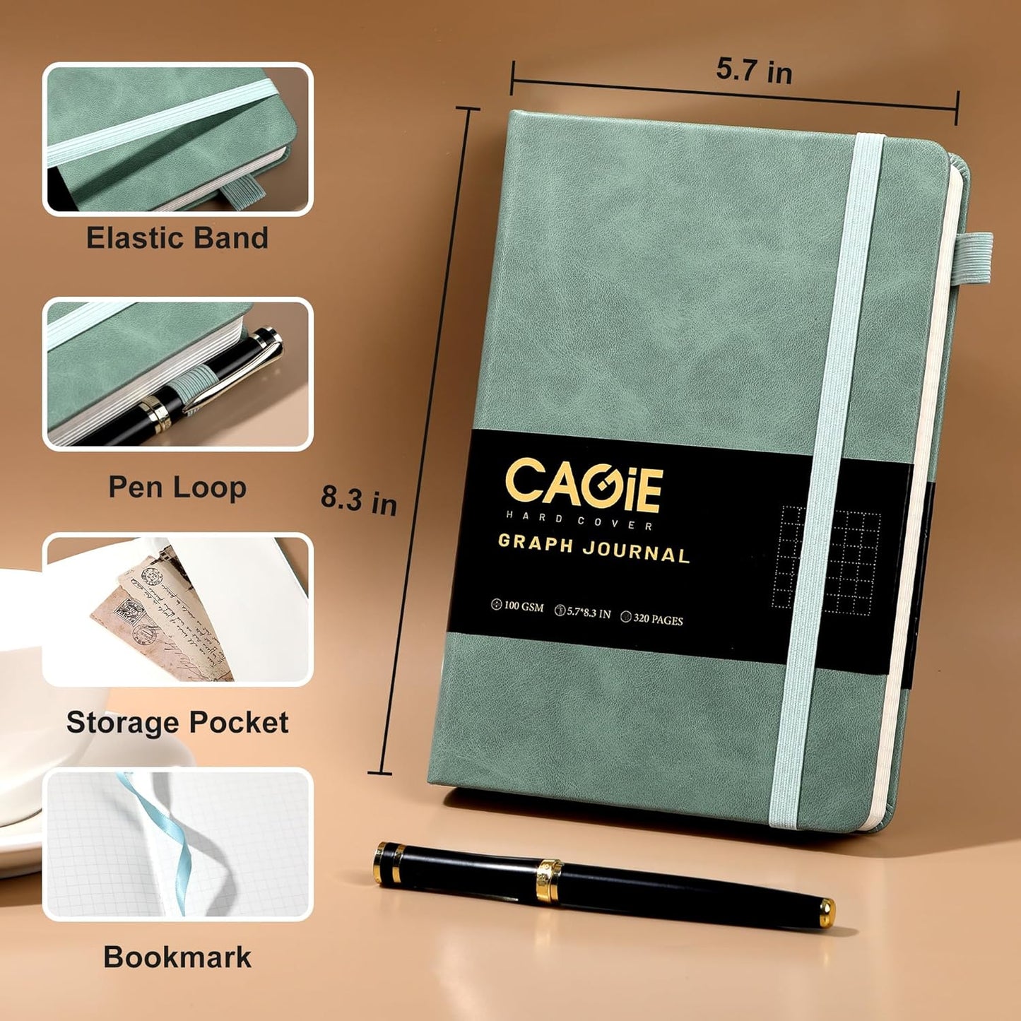 CAGIE Bullet Dotted Journal Notebook 320 Pages 100 GSM Paper Hardcover A5 Dot Grid Notebook Leather Journals for Writing Women Men Work Journaling, Green