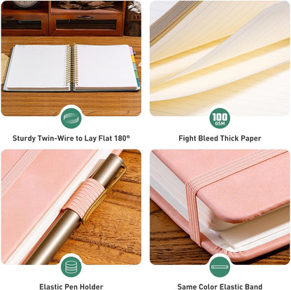Ovesmusl Hardcover Spiral Notebook 8.5" x 11" with 5 Removable Dividers 300 Pages Leather 5 Subject Notebook College Ruled 100GSM Large Spiral Notebooks for Work Thick Lined Journal for Women, Green