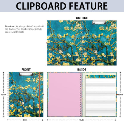 Rimilak Spiral Clipboards Folio with Refillable Lined Notepad, 14.5 x 9.8 In, Hardcover Cover with 5 Interior Pockets, Elastic Band and Pen Loop Series. Cute Stylish Clipfolio, Daisy Flower