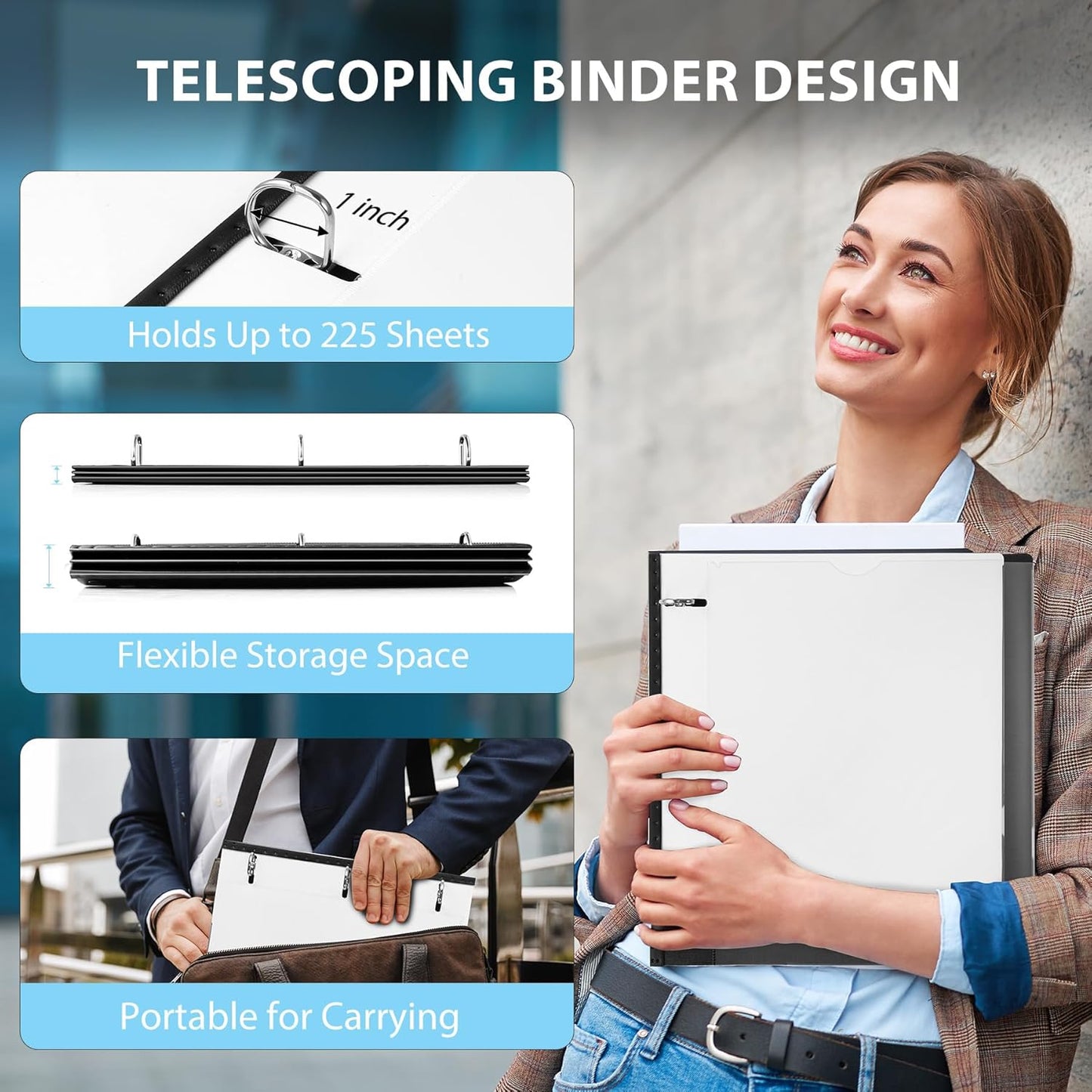 WOT I 1 Inch Telescoping 3 Ring Binder 4 Pack, Expandable Flexible Binder with Customizable Front Cover & Clear Catalog Pocket, Holds 225 Sheets, School Office Supplies, White