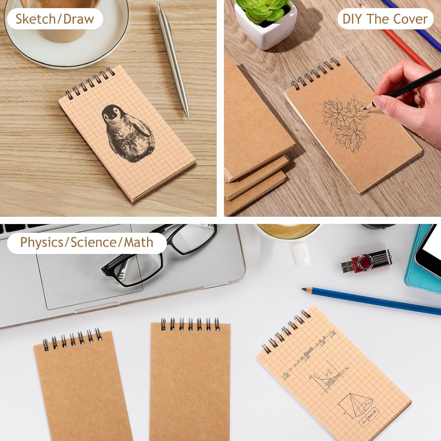 Jutom 2 Pcs Mini Pocket Notebooks Bulk 3x5 Graph Paper Top Spiral Notebook 120 Pages 80 Gsm Mini Grid Notepads Small Memo Pads for Home Classroom Office Business Work Supplies (Kraft)