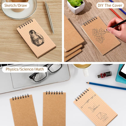 Jutom 2 Pcs Mini Pocket Notebooks Bulk 3x5 Graph Paper Top Spiral Notebook 120 Pages 80 Gsm Mini Grid Notepads Small Memo Pads for Home Classroom Office Business Work Supplies (Kraft)
