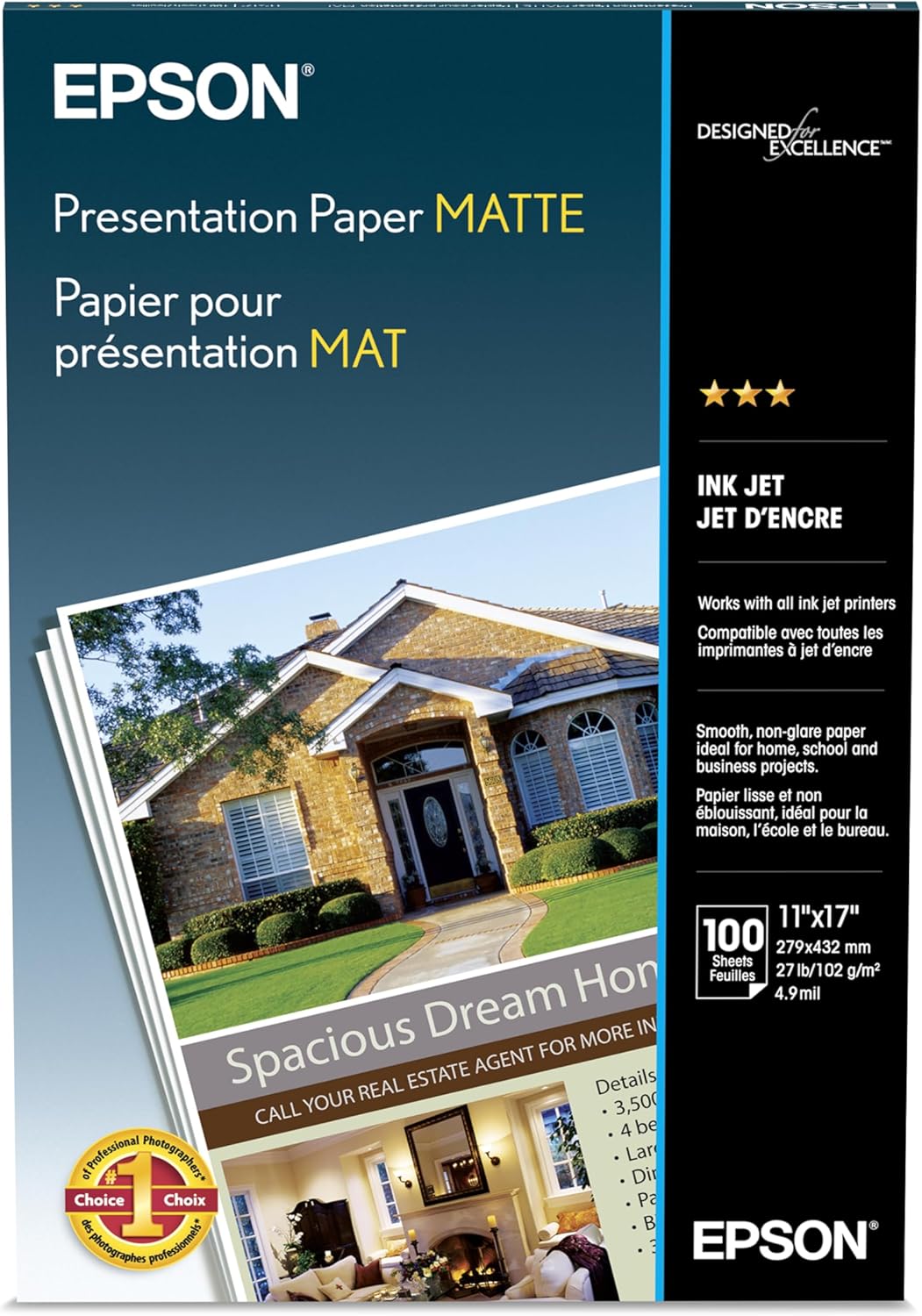 Epson Presentation Paper MATTE (11x17 Inches, 100 Sheets) (S041070),White