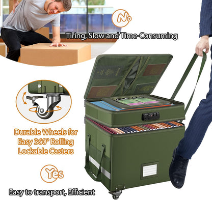 DocSafe Fireproof Document Box with Lock,2-Layer File Box with Wheels,Collapsible File Storage Organizer with Pockets,Large Portable Home Filing Cabinet for Hanging Folders,Black,16''x13.8''x12.2''