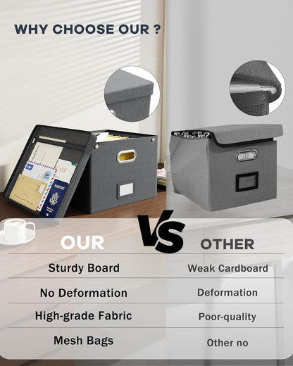 Oterri File Organizer Box with Lid, Hanging Filing File Box with Mesh Pocket, Document Organizer Box for Letter Files, Portable Storage Box with Smooth Sliding Rail for Office&Home (1 PCS, Beige)
