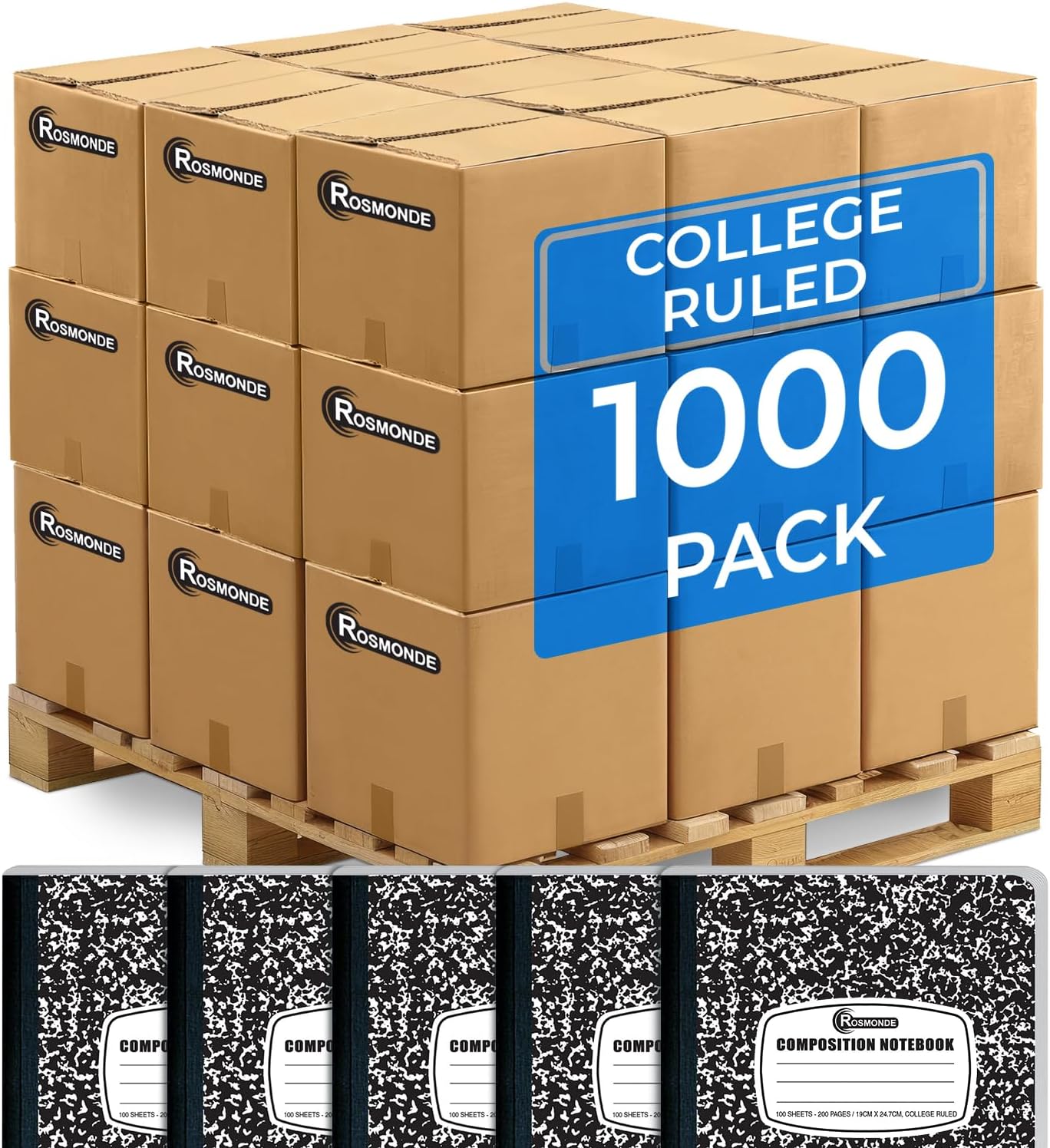 Rosmonde 50 Pack Bulk Composition Notebooks, College Ruled Notebook, 200 Pages (100 Sheets), 9-3/4 x 7-1/2", Hard Cover, Black Marble Composition Journal Book, Bulk Notebooks for School & College