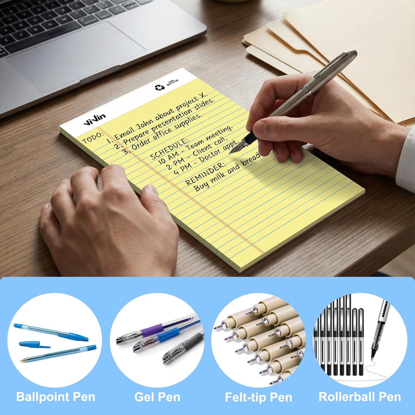 ViVin Legal Pads 8.5 x 11 Inch, Wide Ruled Note Pads, 12 Pack, 50 Sheet/Pad, Perforated Writing Pads, Notepads for Office Home School, 600 Sheets, White Paper