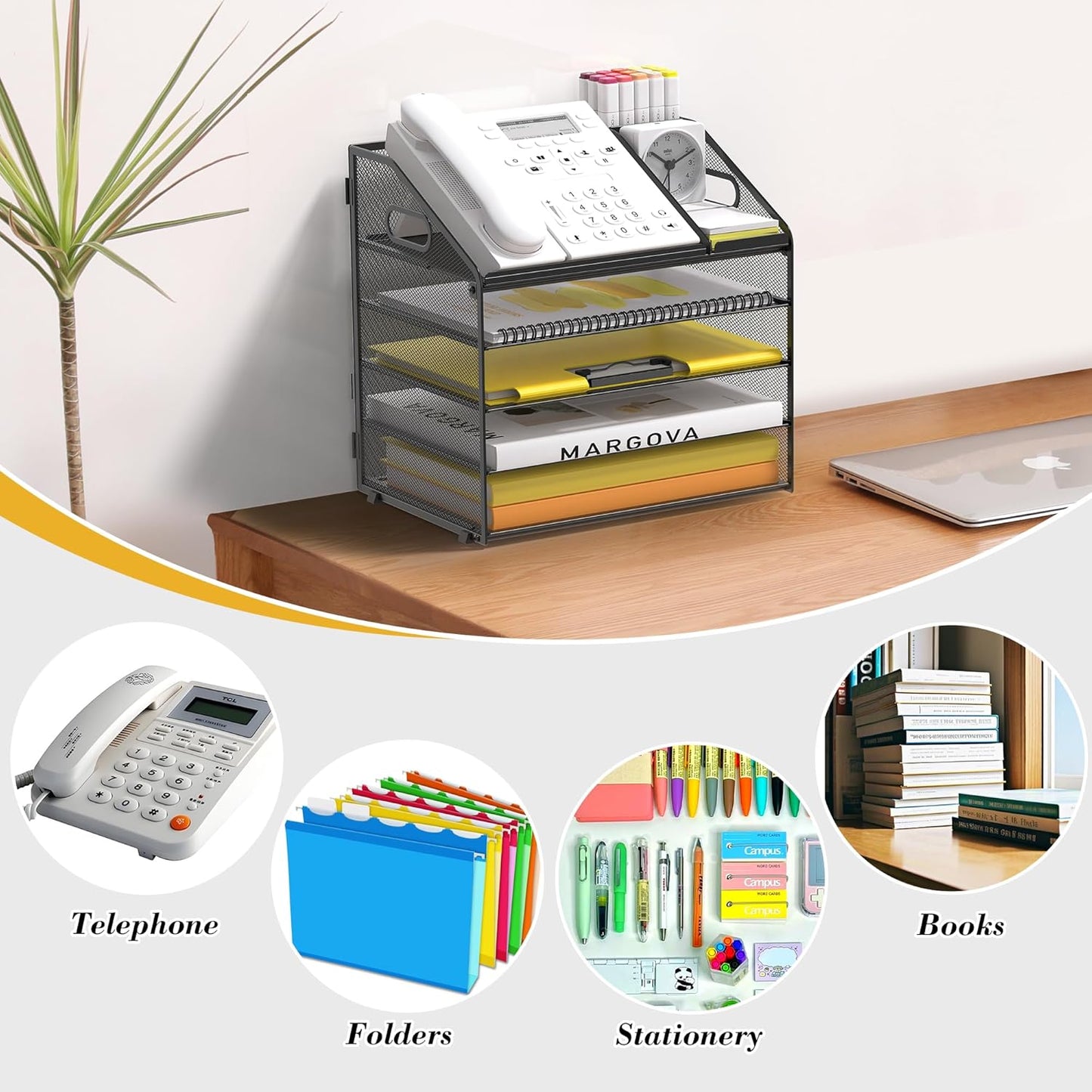 Letter Tray Paper, 4 Tier Desk Organizer with Pen Holder and Handle Mesh File Organizer Paper Sorter Metal Desktop Document Shelf for Office Home Classroom -Black