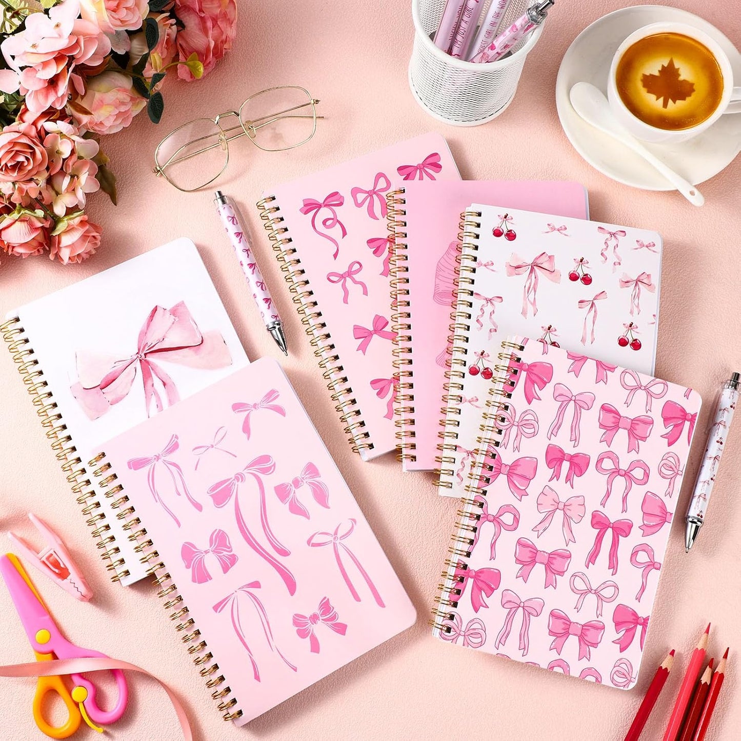 Resurhang 6 Pack A5 Composition Notebook Marble Spiral Notebooks Preppy Cute Aesthetic Hardcover Ruled Composition Books with Ballpoint Pens for School Day Classroom Prize, 5.8 x 8.3 Inch