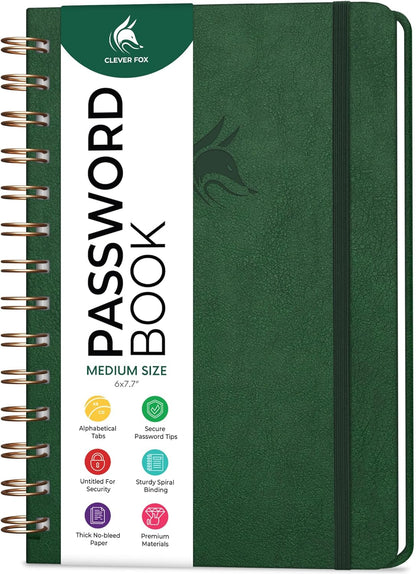 Clever Fox Password Book Spiral – Internet Address & Password Organizer with Laminated Alphabetical Tabs – Password Keeper Journal – Hardcover, Medium Size, 6.1x7.7” (Mystic Blue)