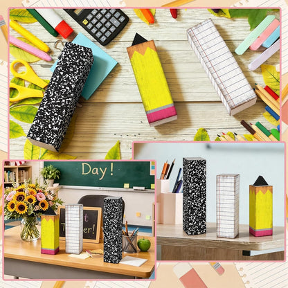 GlikCeil 3 Pcs Teacher Appreciation Week Table Decorations Wooden Classroom Decor Wood Pencil Notebook Paper Tiered Tray Decor for Teacher Desk, Back to School Party, Classroom Shelf