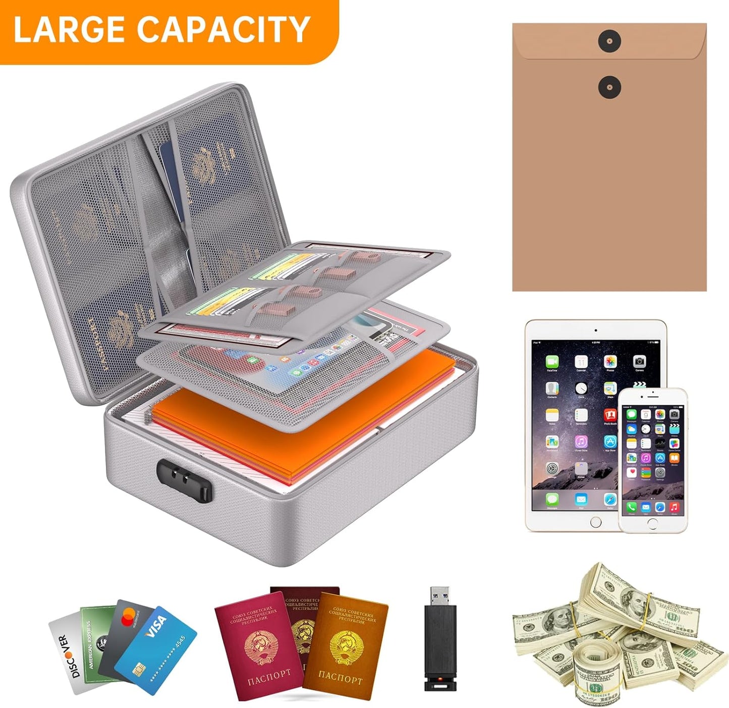DocSafe 5200°F Document Organizer with Lock, Upgraded Heat Insulated Fireproof＆Water-Resistant Box 8 Layers File Organizer, Portable Home Travel Safe Storage for Important Documents and More