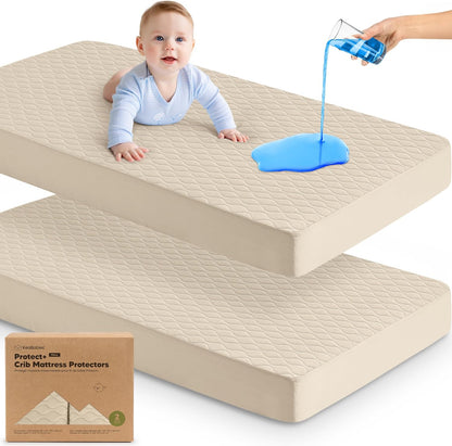 2-Pack Waterproof Crib Mattress Protector Cover Fitted - Quiet Baby Crib Mattress Pad Sheets, 52" x 28" Soft Quilted Cotton Baby Sheet, Machine Washable, Easy Fit, Durable (Soft White/Mavy)