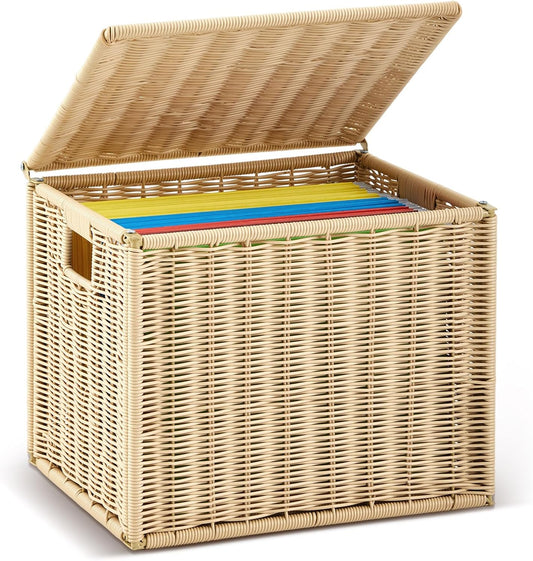 Jingmore Wicker File Basket for Hanging Folders, Decorative File Boxes with Lids, Farmhouse Collapsible Letter Size Document Storage Box for Home Office Decor