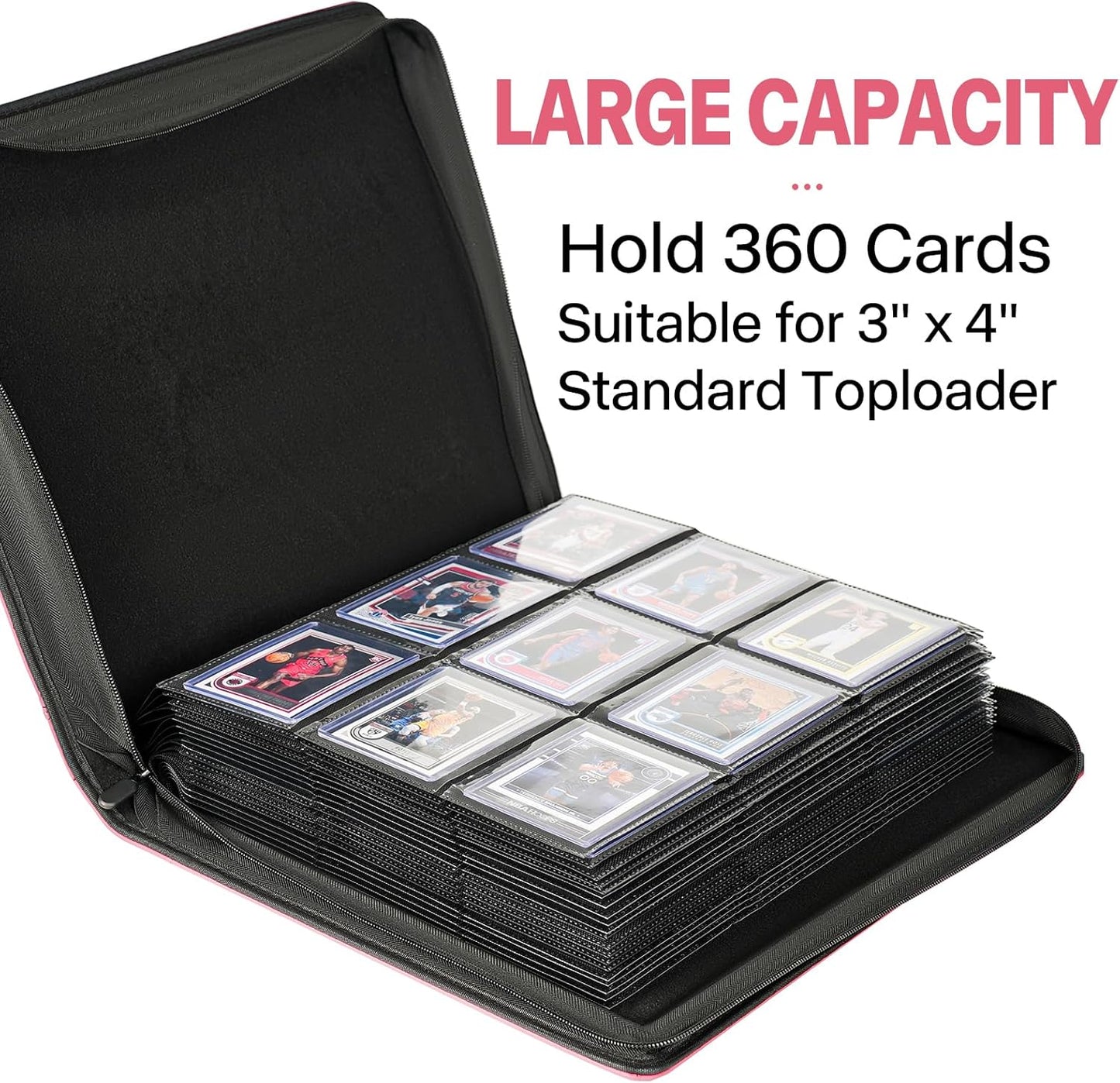 9 Pocket TopLoader Binder, Holds 360 3”x4” Toploader Hard Cases, Sleeves Card Collection Binder, 20 Double Sided Pages, Compatible with Trading & Sports Holder - Black