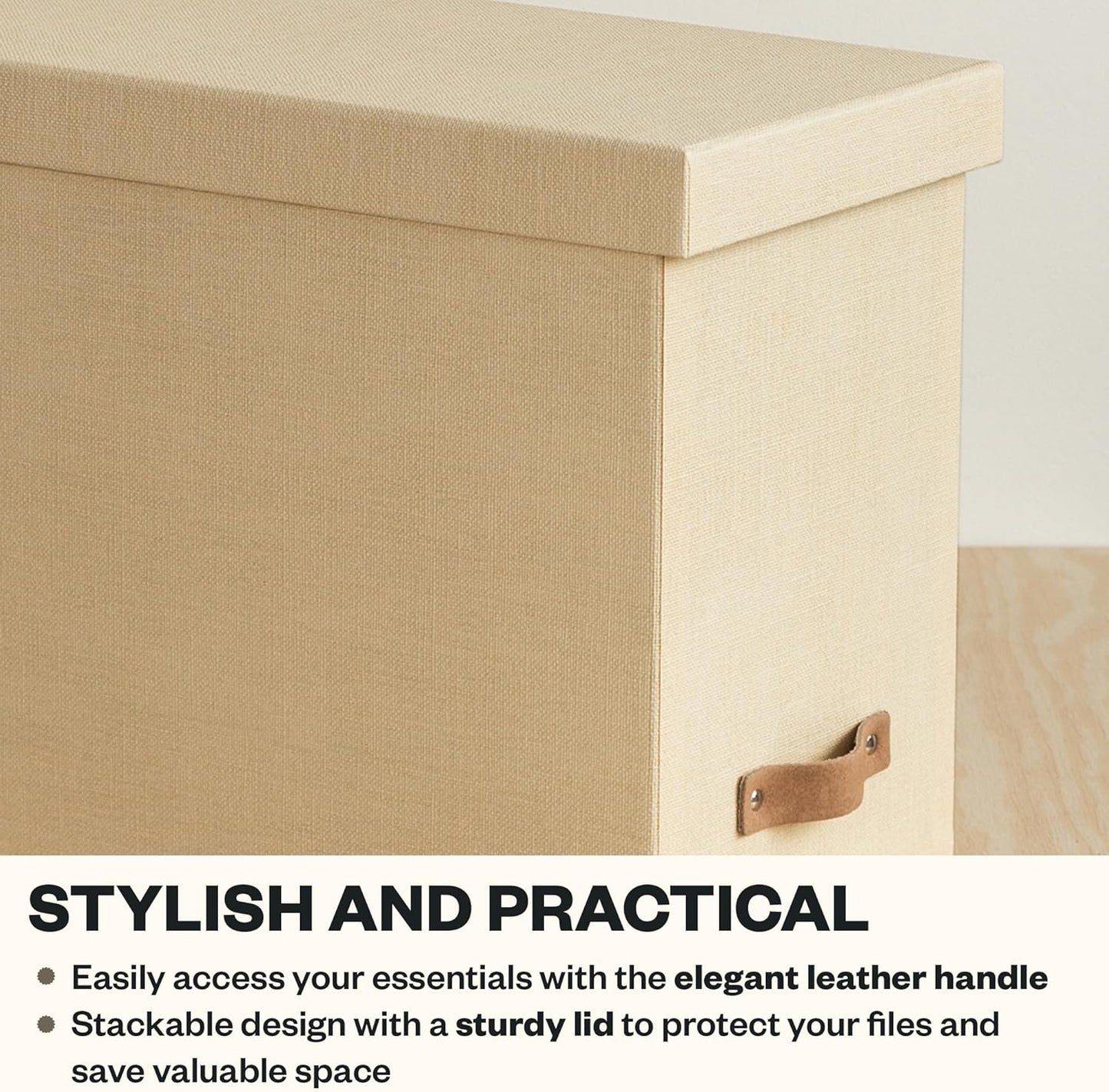 Bigso John Desktop File Box - Storage Solution and Document Organizer for Important Paperwork - Durable Hanging File Box with a Lid and Leather Handle - 7.36 in x 13.26 in x 10.51 in - Grey