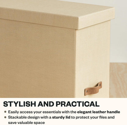 Bigso John Desktop File Box - Storage Solution and Document Organizer for Important Paperwork - Durable Hanging File Box with a Lid and Leather Handle - 7.36 in x 13.26 in x 10.51 in - Grey