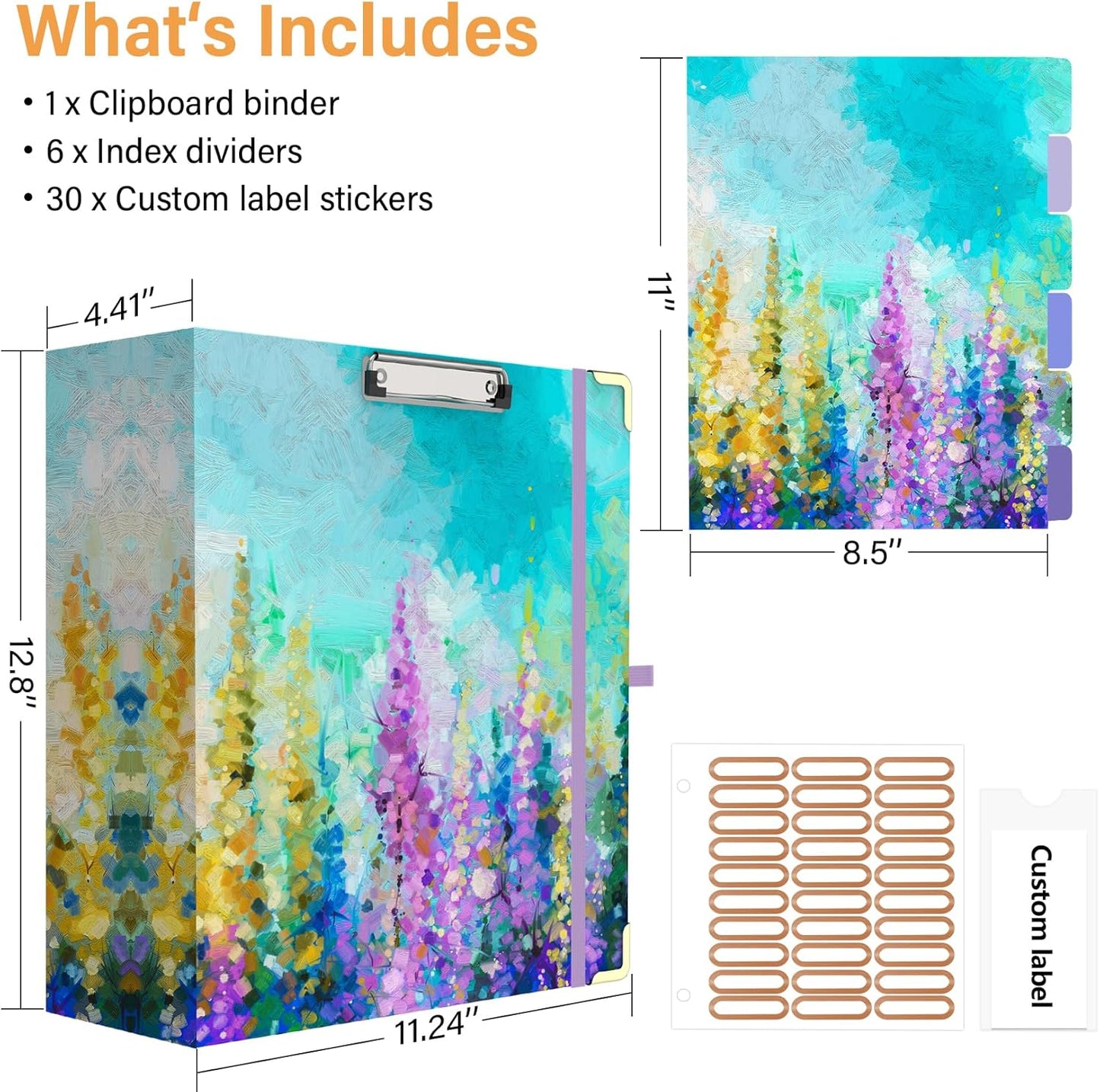3 Ring Binder 3 Inch Ring, Three Ring Binders for Letter Size 11" x 8.5" with 6-Tab Dividers, 2 Pockets, Binder with Clip for School and Office Supplies-Wild Flowers