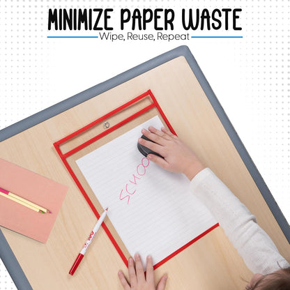 Essex Wares - 6 Pack, Assorted, Dry Erase Pocket Document Protectors, 10" Wide x 13.5" Tall- Dry Erase Clear Plastic Sleeves - Reusable & Easy Erase Plastic Invoice Holders, Water-Resistant & Durable