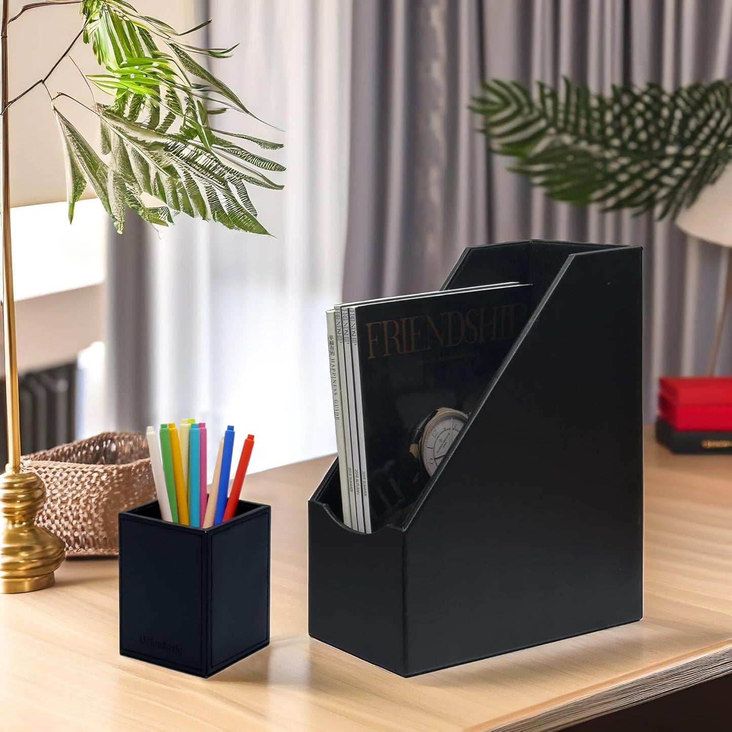 UnionBasic Magazine File Holder, Leatherette Desktop Document Organizer, Home Office Paper Holder File Storage Literature Sorter, Grey