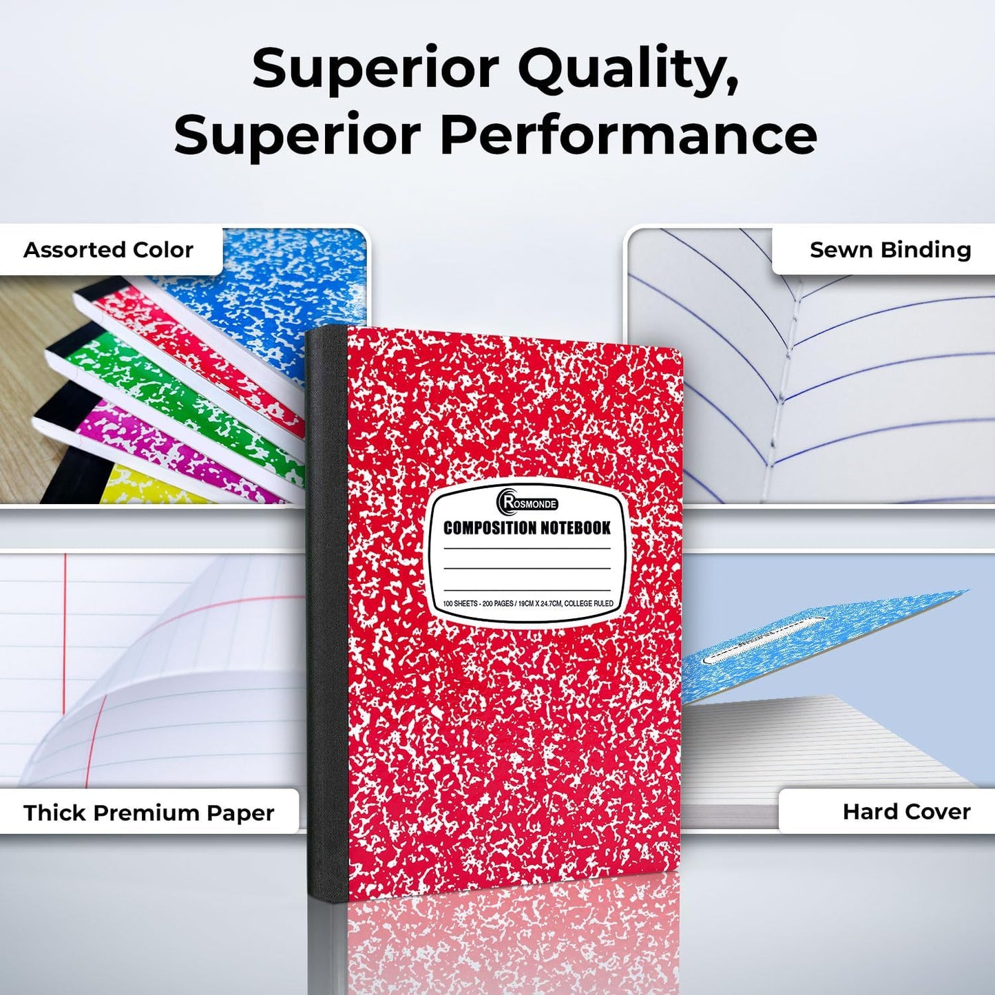 Rosmonde 50 Pack Bulk Composition Notebooks, College Ruled Notebook, 200 Pages (100 Sheets), 9-3/4 x 7-1/2", Hard Cover, Black Marble Composition Journal Book, Bulk Notebooks for School & College