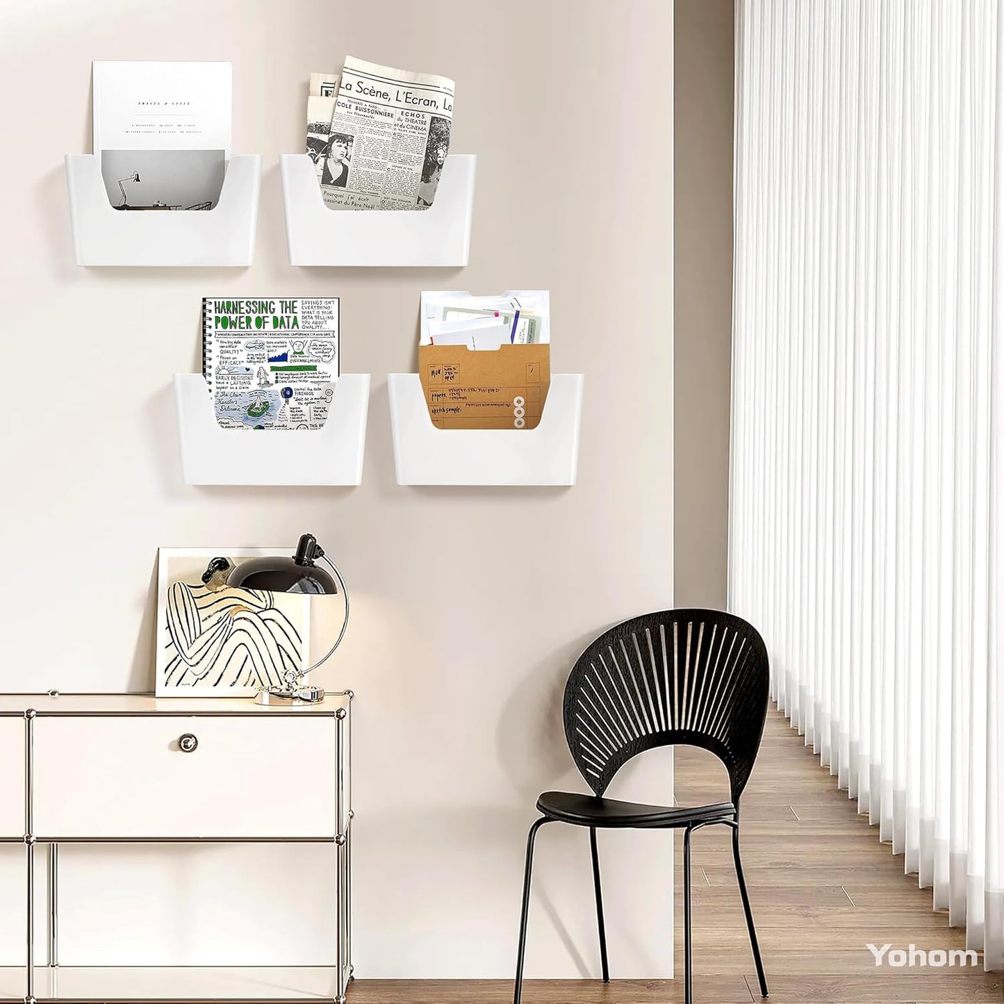 YOHOM No Drilling File Holder Wall Mails Magazines Organizer Adhesive Door Mount, Single Pocket(WHITE, 1 PCS)