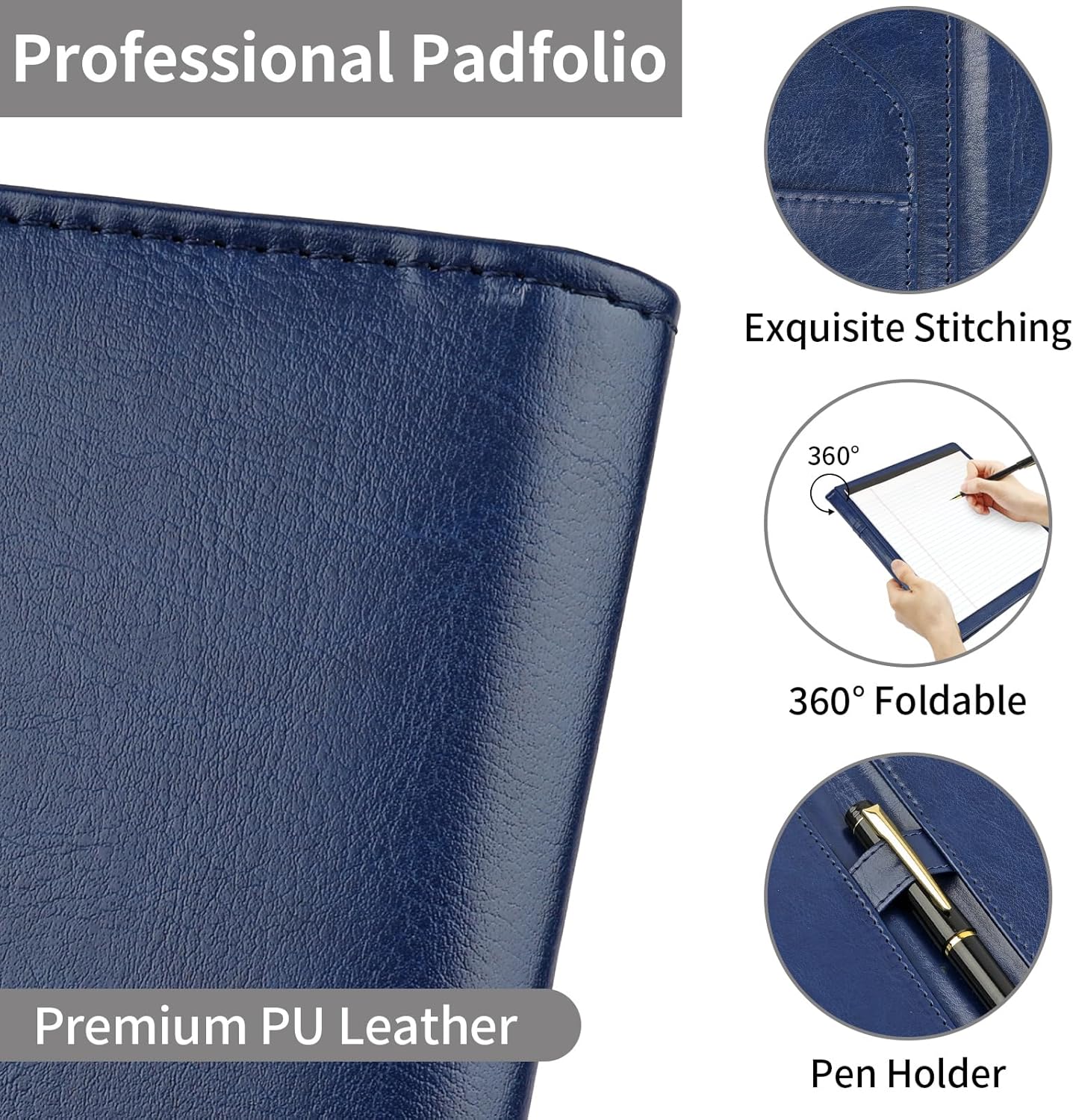 MOWPOG Professional Padfolio Portfolio Binder, Faux Leather Interview Resume Folder, Letter Size A4 Legal Writing Pad Holder, Document Organizer for Business School Office Conference (Black)