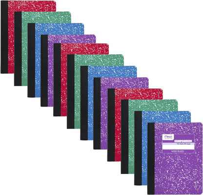 Mead Composition Notebook, 12 Pack, Wide Ruled Paper, 7-1/2" x 9-3/4", 100 Sheets per Comp Book, Colors Will Vary (963759)