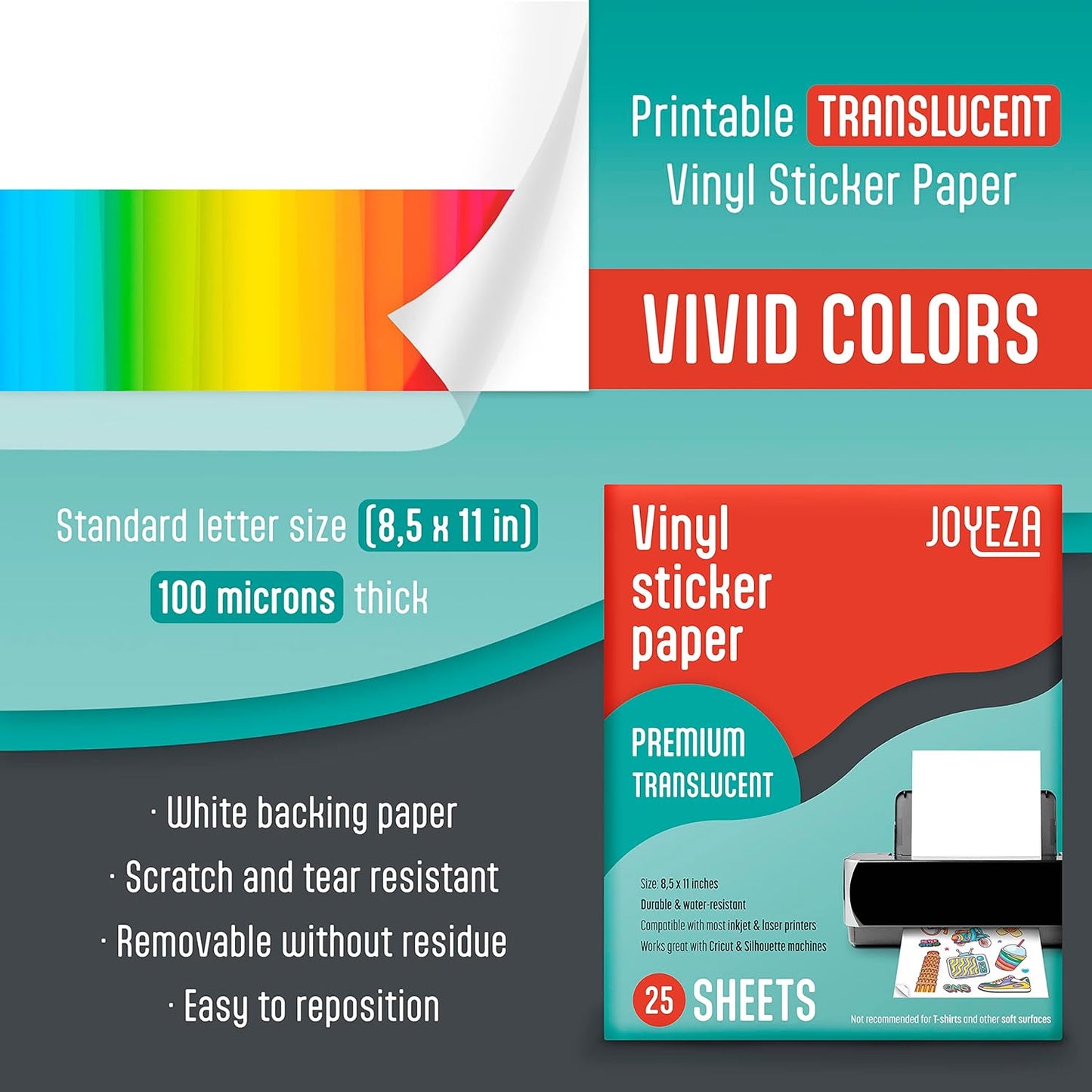 JOYEZA Premium Printable Vinyl Sticker Paper for Inkjet Printer - 25 Sheets Glossy White Waterproof, Dries Quickly Vivid Colors, Holds Ink Well - Inkjet & Laser Printer