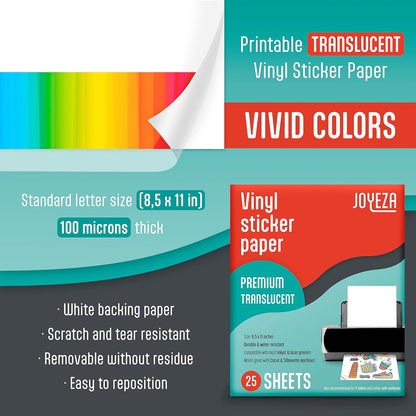 JOYEZA Premium Printable Vinyl Sticker Paper for Inkjet Printer - 25 Sheets Glossy White Waterproof, Dries Quickly Vivid Colors, Holds Ink Well - Inkjet & Laser Printer
