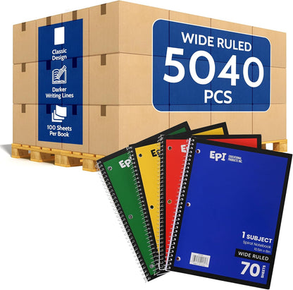 EPI Spiral Notebook | Wide - 70 Sheets, Durable Spiral Binding | 10.5 x 8 in | Classroom Supplies | School, Office, Note Taking, Journaling - 12 Pack