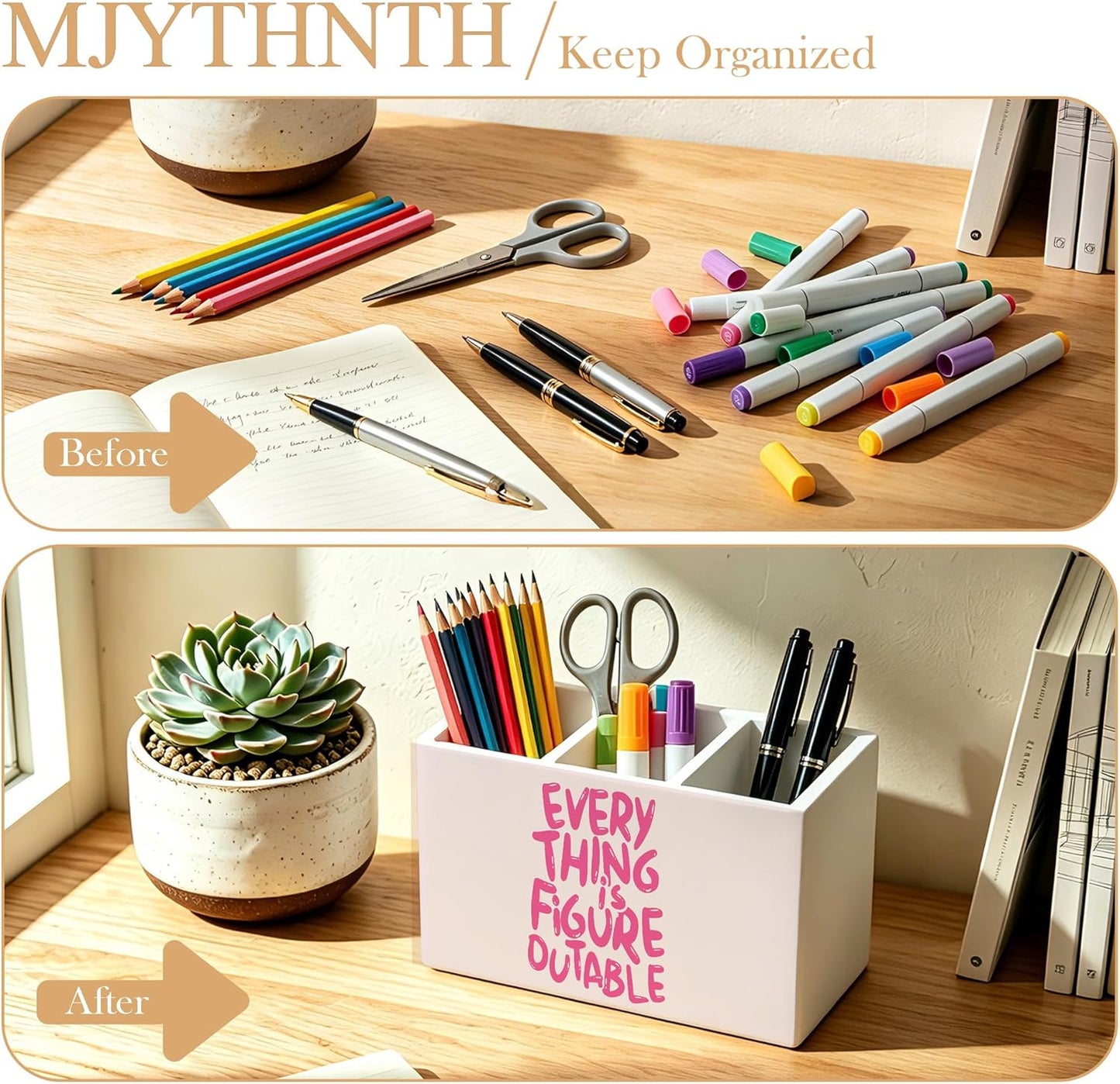 Don't Overthink It Inspirational Pencil Pen Holder for Desk, Pink Positive Affirmations Wooden Box Sign Pen Holder Organizer for Home Office School Desk Accessories