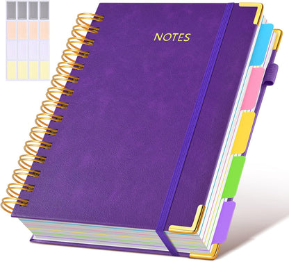 Hardcover Spiral Notebook Journal with Removable Dividers Tabs, 300 Pages Leather 5 Subject Notebook College Ruled, 8"x10" Large B5 Notebooks for Work School Note taking, Lined Journal for Women, Pink