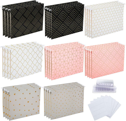 Estune 32 Pcs Decorative Hanging File Folders Letter Size Cabinet File Folders Organizers with 1/5 Cut Adjustable Tabs for Office Desk School Filing Cabinet Home(Gold Stripe)