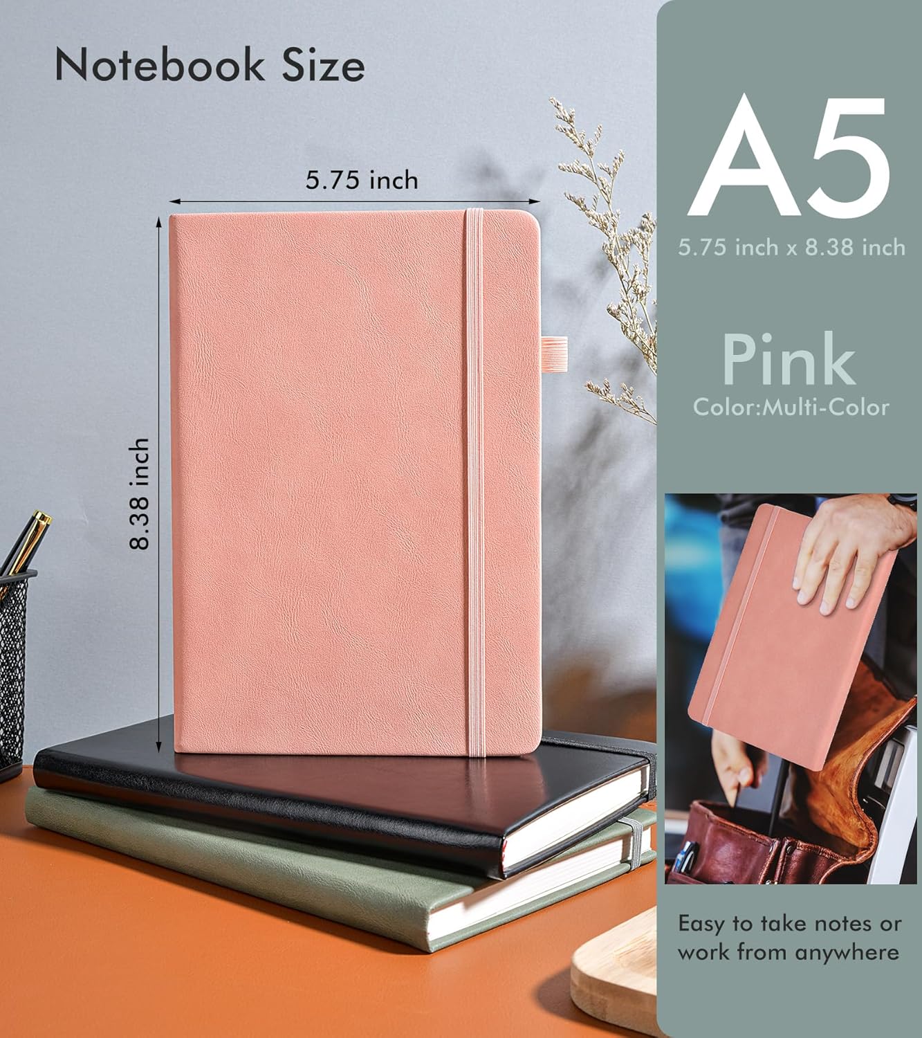 Lined Journal Notebook for Men Women, 200 Numbered Pages Leather Hardcover Journal with Pen, A5 Journaling Notebooks, Thick Paper College Ruled Journals for Writing Work Business 5.75'' X 8.38'' Black
