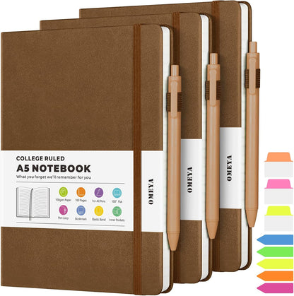 Lined Journal Notebook, 3 Pack A5 College Ruled Notebooks for Work, Hardcover Notebook Each with 2 Pockets & Pen, Leather Journal for Women, Men, 160 Pages, 100GSM Thick Paper (Black, Brown, Grey)