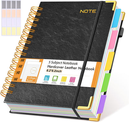 Hardcover Large Spiral Notebook 8.5" x 11" with Removable Dividers Tabs, 300 pages Leather 5 Subject Notebook College Ruled, A4 Journal for Women Men, Notebooks for Work School Note taking,Black
